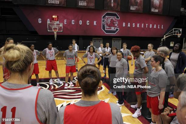 Dawn Staley of the 2018 USA Basketball Women's National Team coaches during training camp at the University of South Carolina on February 9, 2018 in...