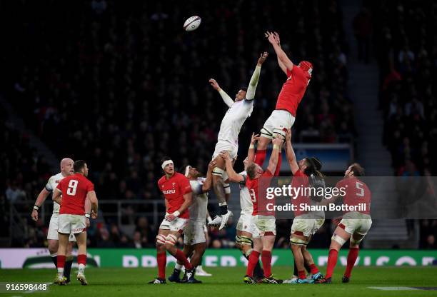 Courtney Lawes of England competes for a lineout with Cory Hill of Wales during the NatWest Six Nations round two match between England and Wales at...