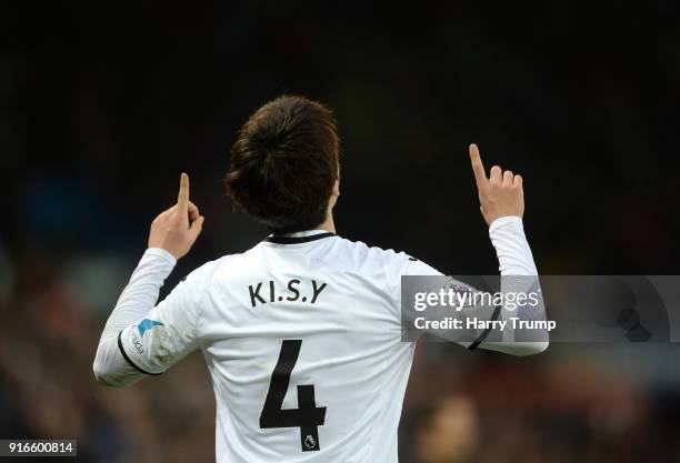 Ki Sung-Yueng of Swansea City celebrates after scoring his sides first goal during the Premier League match between Swansea City and Burnley at...