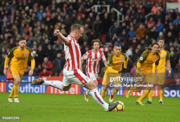 Charlie Adam of Stoke City shoots and misses a penalty during the Premier League match between Stoke City and Brighton and Hove Albion at Bet365...