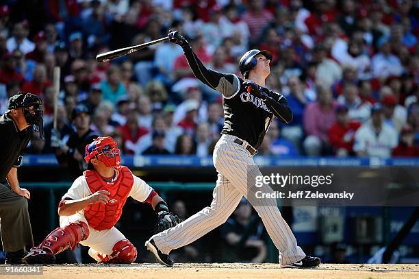 Brad Hawpe of the Colorado Rockies pops out in the top of the second inning against the Philadelphia Phillies in Game One of the NLDS during the 2009...