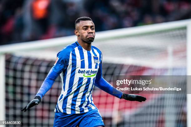 Salomon Kalou of Berlin celebrates his teams second goal during the Bundesliga match between Bayer 04 Leverkusen and Hertha BSC at BayArena on...