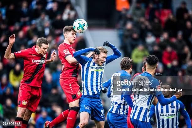 Panagiotis Retsos of Leverkusen heads the ball during the Bundesliga match between Bayer 04 Leverkusen and Hertha BSC at BayArena on February 10,...
