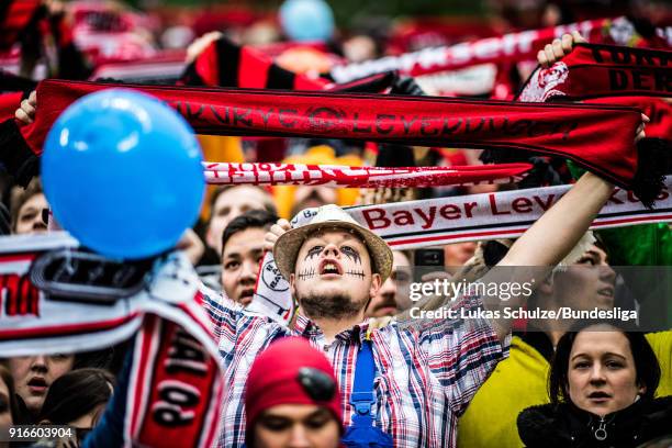 Fans of Leverkusen wear costumes prior to the Bundesliga match between Bayer 04 Leverkusen and Hertha BSC at BayArena on February 10, 2018 in...