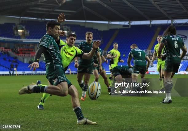 James Marshall of London Irish kicks clear during the Aviva Premiership match between London Irish and Sale Sharks at Madejski Stadium on February...