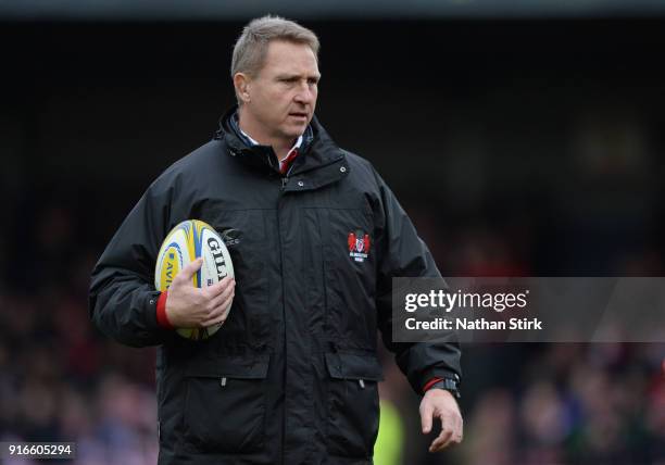 Johan Ackermann head coach of Gloucester Rugby looks on during the Aviva Premiership match between Gloucester Rugby and Leicester Tigers at Kingsholm...