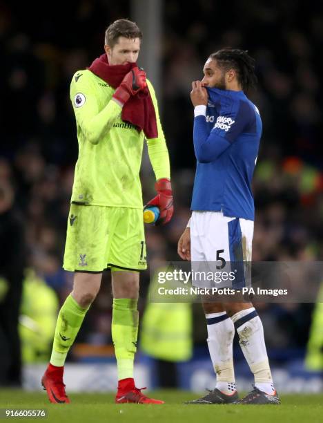 Crystal Palace goalkeeper Wayne Hennessey and Everton's Ashley Williams talk to each other after the end of the Premier League match at Goodison...