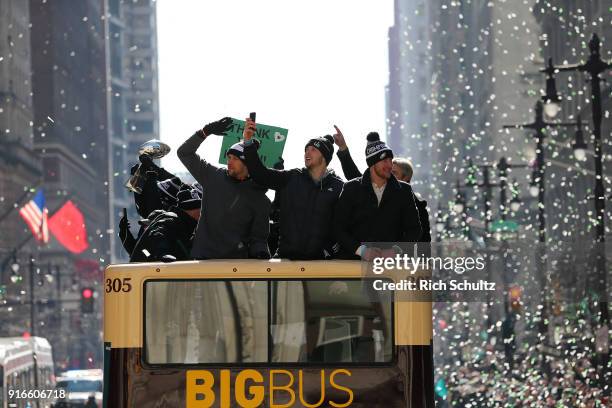 Quarterbacks Nick Foles, Nate Sudfeld and Carson Wentz of the Philadelphia Eagles during their Super Bowl Victory Parade on February 8, 2018 in...
