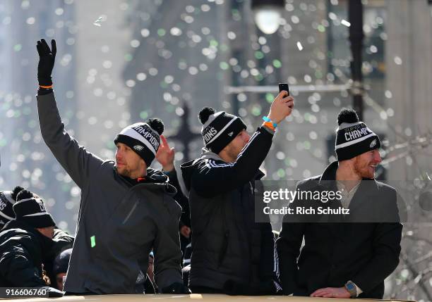 Quarterbacks Nick Foles, Nate Sudfeld and Carson Wentz of the Philadelphia Eagles during their Super Bowl Victory Parade on February 8, 2018 in...