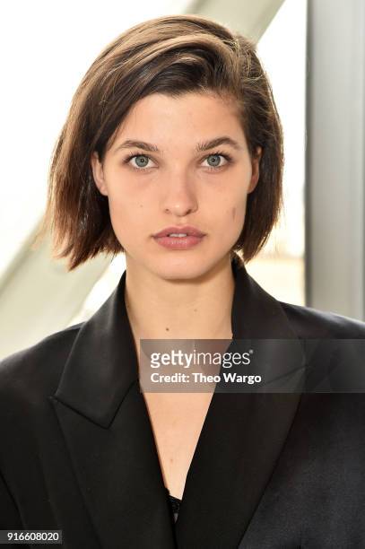 Model Julia Van Os attends the Dion Lee fashion show during New York Fashion Week: The Shows at Gallery I at Spring Studios on February 10, 2018 in...