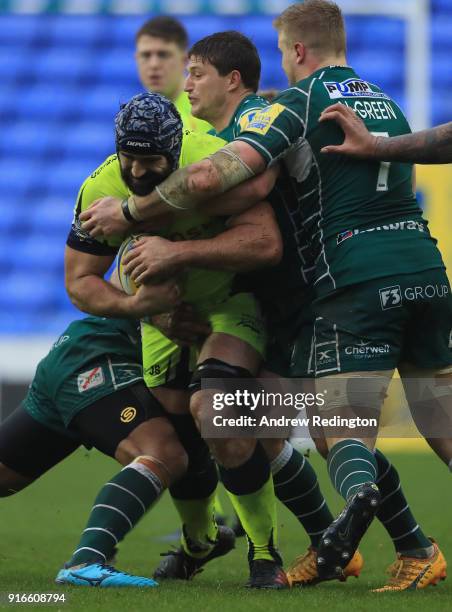 Josh Strauss of Sale Sharks takes on the London Irish defence during the Aviva Premiership match between London Irish and Sale Sharks at Madejski...