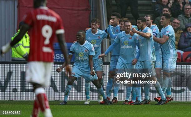 Joel Asoro of Sunderland celebrates after his cross is deflected into the Bristol goal for Sunderlands third goal during the Sky Bet Championship...