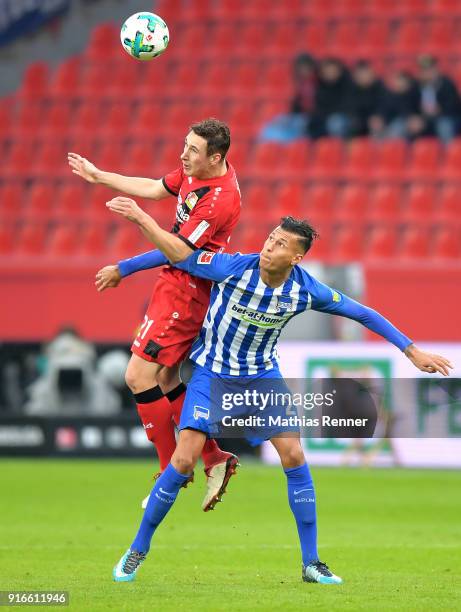 Dominik Kohr of Bayer 04 Leverkusen and Davie Selke of Hertha BSC during the first Bundeliga game between Bayer 04 Leverkusen and Hertha BSC at...