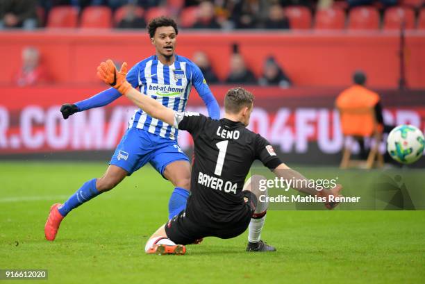 Valentino Lazaro of Hertha BSC goals to 0:1 during the first Bundeliga game between Bayer 04 Leverkusen and Hertha BSC at BayArena on February 10,...