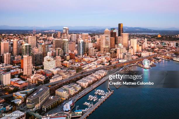 aerial view of seattle downtown and the great wheel at sunset, usa - puget sound stock pictures, royalty-free photos & images