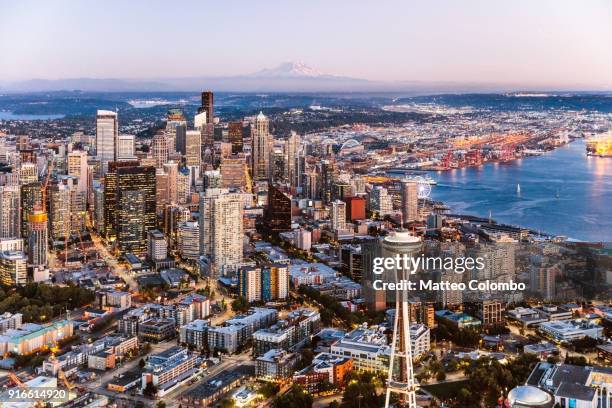 aerial view of the space needle and skyline, seattle - seattle needle stock pictures, royalty-free photos & images