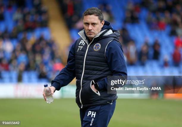Paul Hurst the head coach / manager of Shrewsbury Town during the Sky Bet League One match between Shrewsbury Town and Plymouth Argyle at New Meadow...