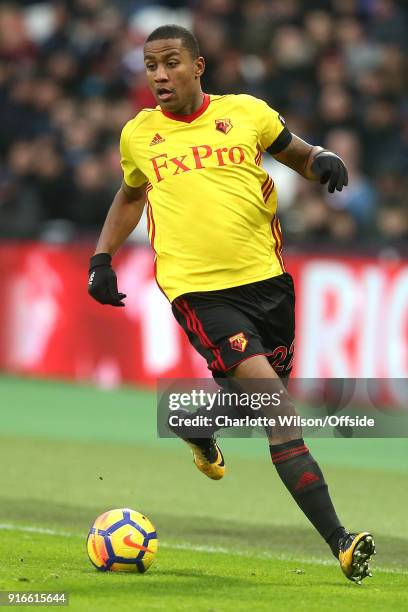 Marvin Zeegelaar of Watford during the Premier League match between West Ham United and Watford at London Stadium on February 10, 2018 in London,...