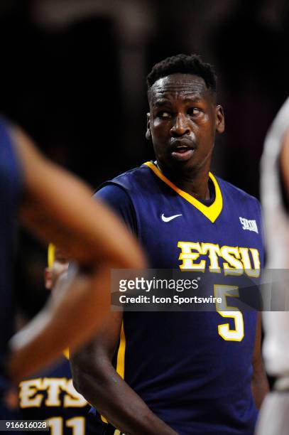 Peter Jurkin center East Tennessee State University Buccaneers checks the referee during the Southern Conference game against the Wofford College...