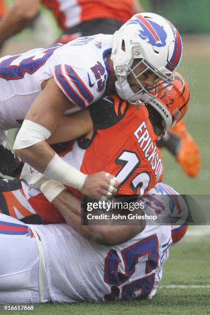 Micah Hyde of the Buffalo Bills battles makes the tackle on Alex Erickson of the Cincinnati Bengals during their game at Paul Brown Stadium on...