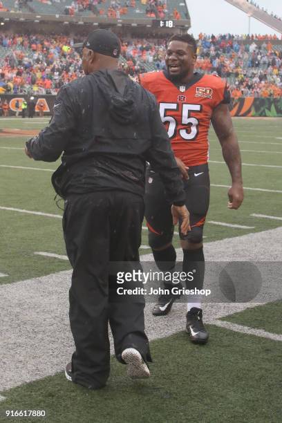 Head Coach Marvin Lewis and Vontaze Burfict of the Cincinnati Bengals share a moment during their game at Paul Brown Stadium on October 8, 2017 in...
