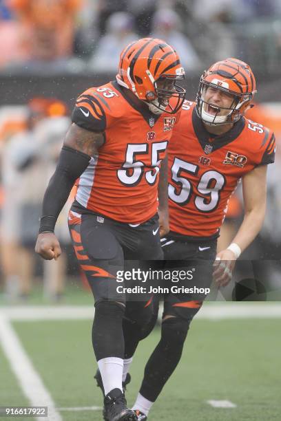 Vontaze Burfict and Nick Vigil of the Cincinnati Bengals celebrate a defensive stop during their game at Paul Brown Stadium on October 8, 2017 in...