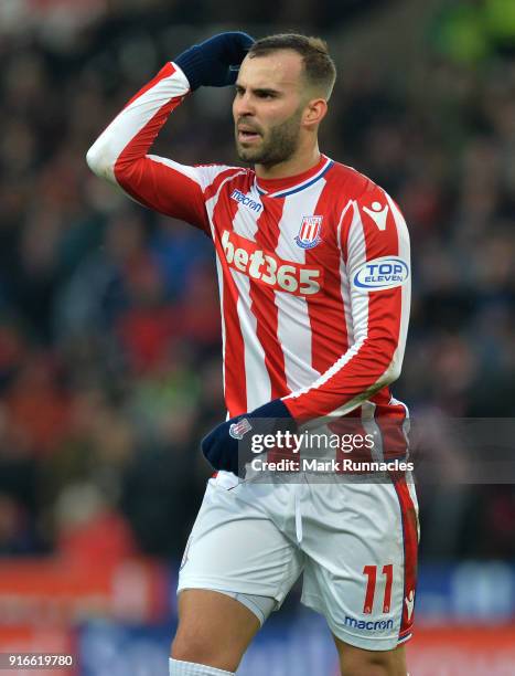 Jese of Stoke City argues with his team mates over who will take the penalty in the final moments of the game during the Premier League match between...