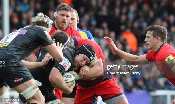 Exeter Chiefs Thomas Waldrom holds onto the ball during the Aviva Premiership match between Exeter Chiefs and Worcester Warriors at Sandy Park on...