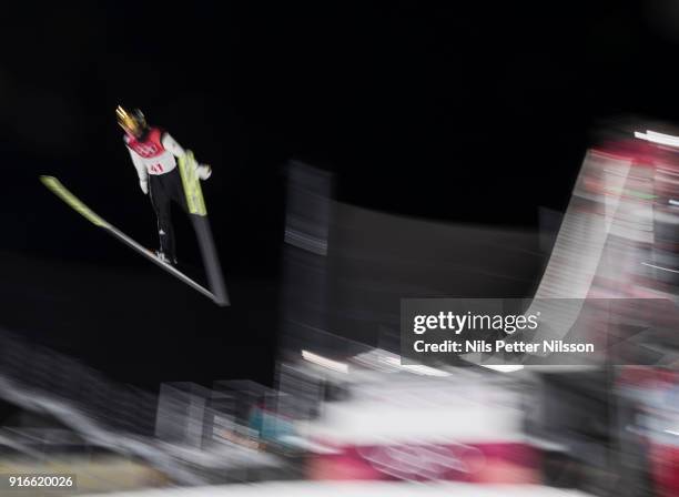 Markus Eisenbichler of Germany during the Mens Ski Jumping - Normal Hill, Individual on day one of the PyeongChang 2018 Winter Olympic Games at...