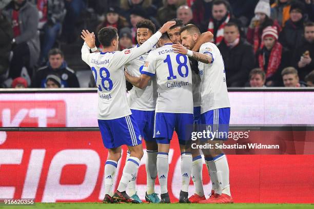 Franco Di Santo of Schalke celebrates with his team after he scored a goal to make it 1:1 during the Bundesliga match between FC Bayern Muenchen and...