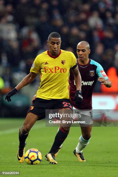 Marvin Zeegelaar of Watford in action during the Premier League match between West Ham United and Watford at London Stadium on February 10, 2018 in...