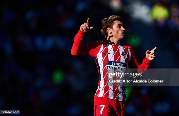 Antoine Griezmann of Club Atletico de Madrid looks on during the La Liga match between Malaga and Atletico Madrid at Estadio La Rosaleda on February...