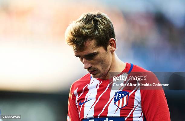 Antoine Griezmann of Club Atletico de Madrid looks on during the La Liga match between Malaga and Atletico Madrid at Estadio La Rosaleda on February...