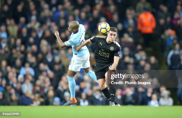 Matty James of Leicester City in action with Fernandinho of Manchester City during the Premier League match between Manchester City and Leicester...