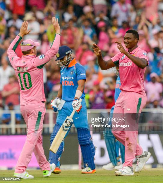 Lungi Ngidi of South Africa celebrates with teammate David Miller during the 4th Momentum ODI match between South Africa and India at Bidvest...