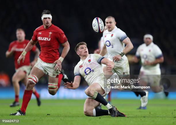 Owen Farrell of England catches the ball during the NatWest Six Nations round two match between England and Wales at Twickenham Stadium on February...