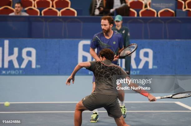 Robin Haase and Matwe Middelkoop of Netherlands play the ball.Robin Haase and Matwe Middelkoop of Netherlands win their 1/ 2 final match over Divij...