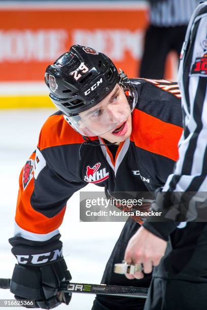 Ryan Chyzowski of the Medicine Hat Tigers faces off against the Kelowna Rockets at Prospera Place on January 30, 2018 in Kelowna, Canada.