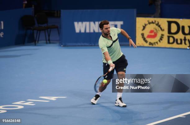 Stan Wawrinka of Switzerland plays a shot in semi final match against Mirza Basic from Bosnia and Herzegovina during DIEMAXTRA Sofia Open 2018 on...