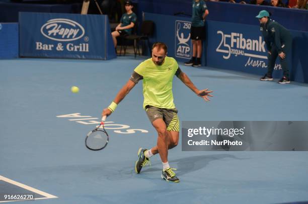 Marius Copil of Romania plays a shot in semi final match during DIEMAXTRA Sofia Open 2018 on February 10 in Arena Armeec Hall in the Bulgarian...