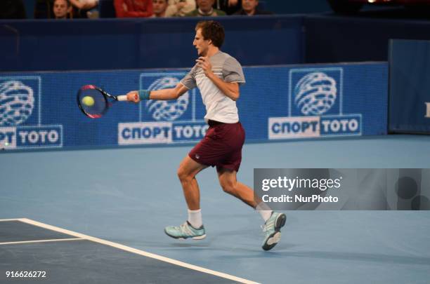 Mirza Basic from Bosnia and Herzegovina plays a shot in semi final match against Stan Wawrinka from Switzerland during DIEMAXTRA Sofia Open 2018 on...