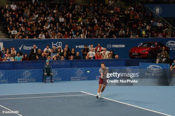 Mirza Basic from Bosnia and Herzegovina plays a shot in semi final match against Stan Wawrinka from Switzerland during DIEMAXTRA Sofia Open 2018 on...