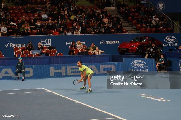 Marius Copil of Romania plays a shot in semi final match during DIEMAXTRA Sofia Open 2018 on February 10 in Arena Armeec Hall in the Bulgarian...