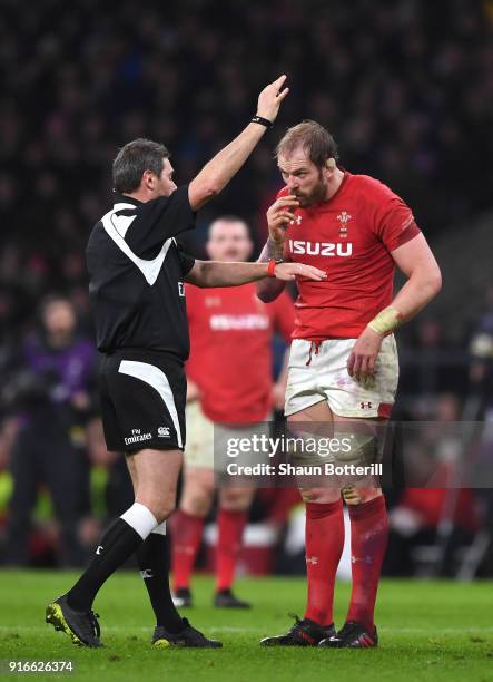 Alun Wyn Jones of Wales talks to referee Jerome Garces during the NatWest Six Nations round two match between England and Wales at Twickenham Stadium...