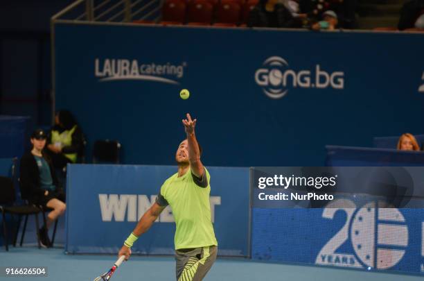 Marius Copil of Romania plays a shot in semi final match during DIEMAXTRA Sofia Open 2018 on February 10 in Arena Armeec Hall in the Bulgarian...