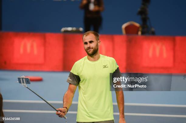 Marius Copil of Romania take selfie after win at his semi final match during DIEMAXTRA Sofia Open 2018 on February 10 in Arena Armeec Hall in the...