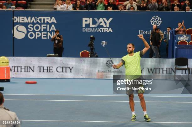 Marius Copil of Romania take selfie after win at his semi final match during DIEMAXTRA Sofia Open 2018 on February 10 in Arena Armeec Hall in the...