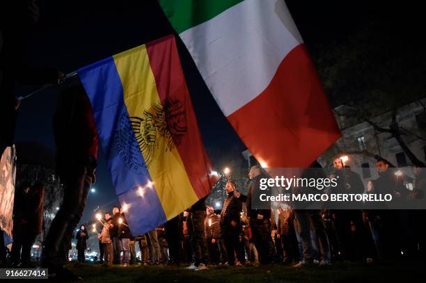 Members of the far-right movement "CasaPound" holds torches during the Day of Remembrance of the martyrs of the Foibe Istriane and the exodus of the...