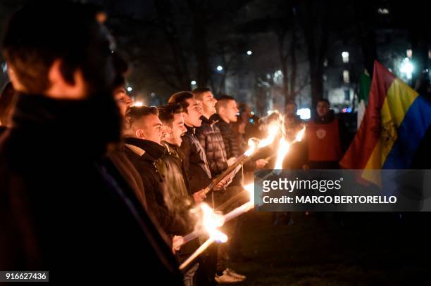 Members of the far-right movement "CasaPound" holds torches during the Day of Remembrance of the martyrs of the Foibe Istriane and the exodus of the...