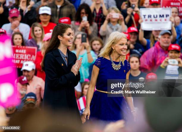 President-elect Donald Trump's campaign manager Kellyanne Conway and press secretary Hope Hicks on stage during a 'Thank You Tour 2016' rally on...